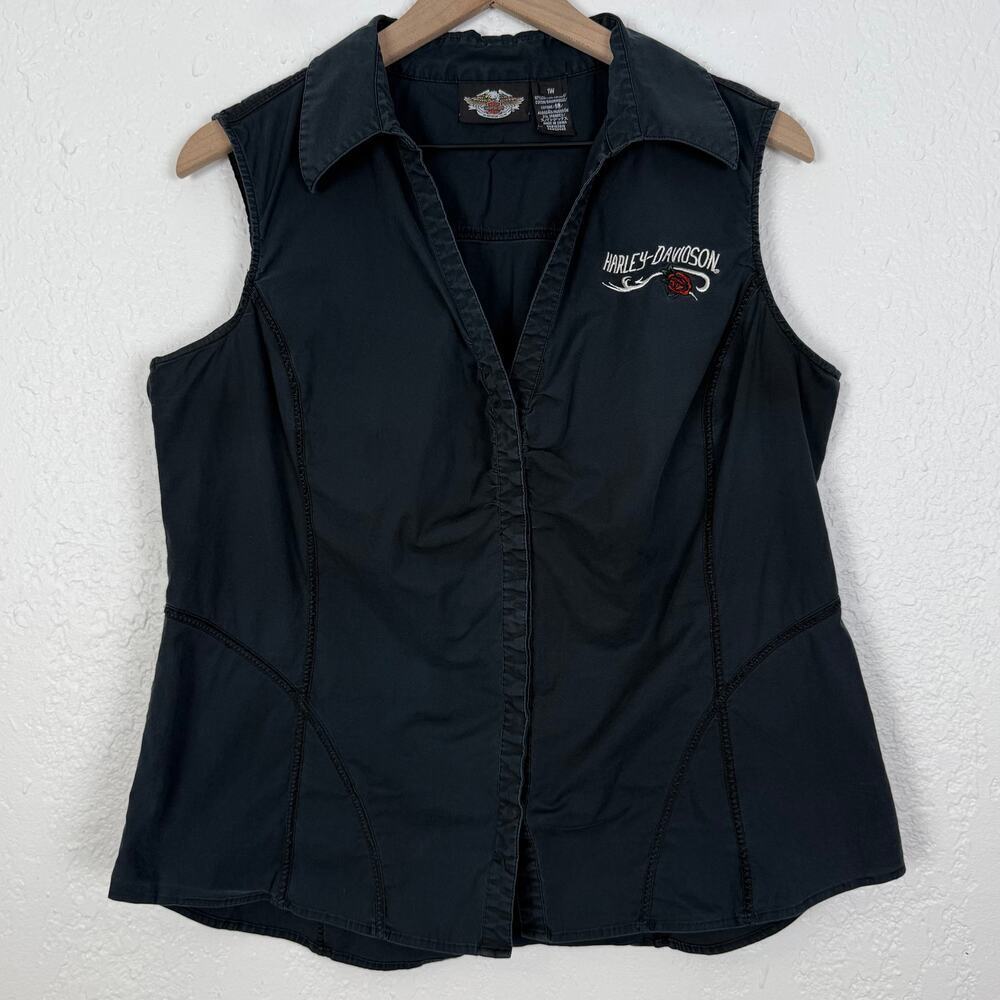 Harley Davidson Women's Sleeveless Snap Button Vest Top Rose Embroidered Sz 1W